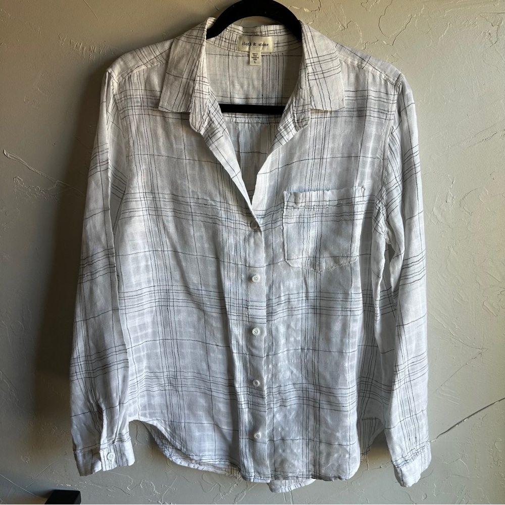 Cloth‎ & Stone Linen Plaid Button Up Shirt White Black Relaxed Fit Sz L